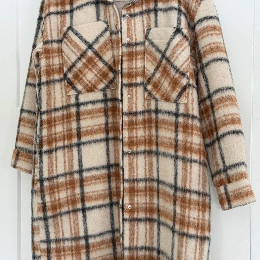 Abercrombie & Fitch Cream and Brown Plaid Teddy Jacket